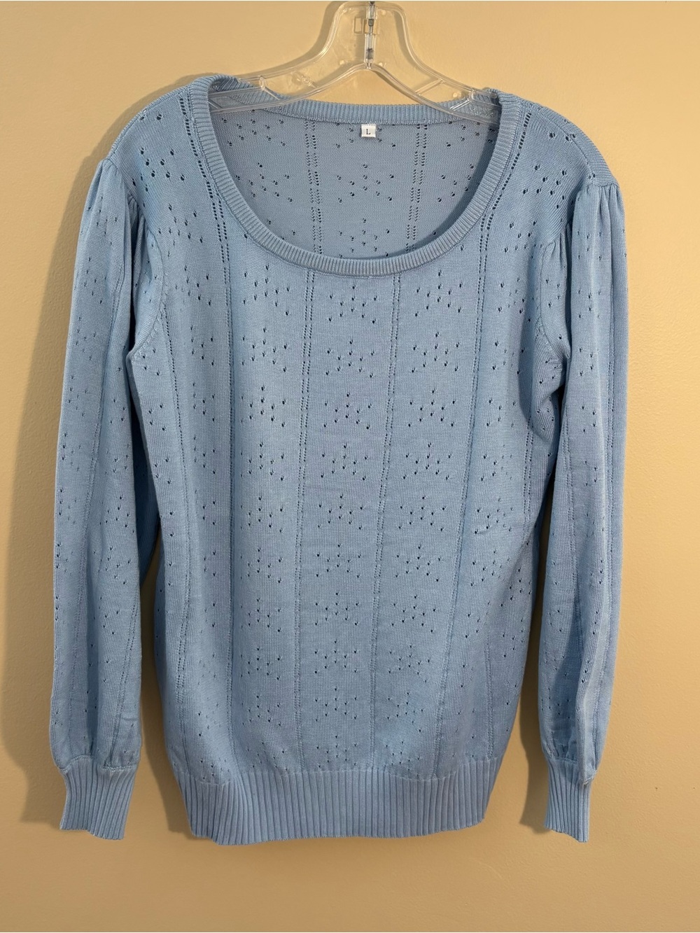 Vintage Style Pastel Blue Pointelle Oven Knit Scoop Neck Sweater Size-L